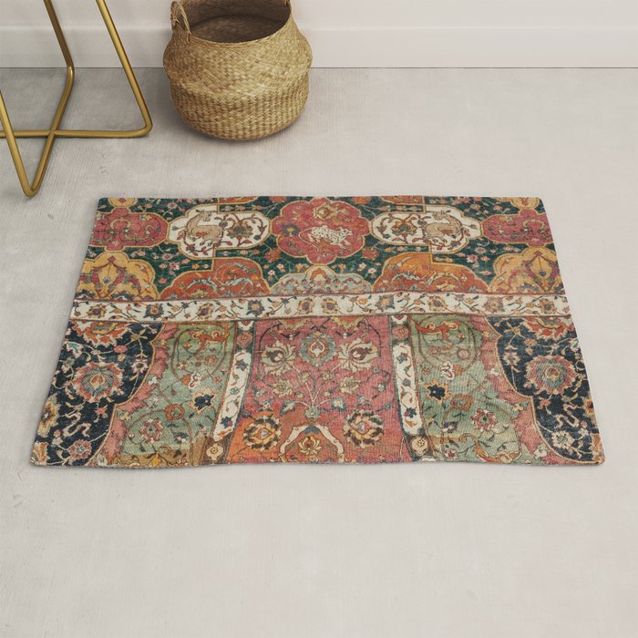 Persian Medallion Rug V // 16th Century Distressed Red Green Blue Flowery Colorful Ornate Pattern Rug Gallery Image 1