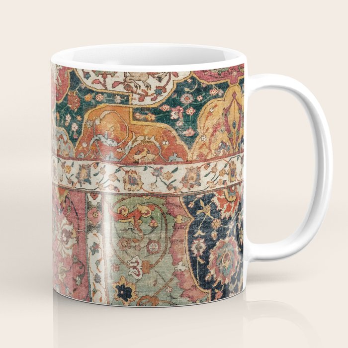 Persian Medallion Rug V // 16th Century Distressed Red Green Blue Flowery Colorful Ornate Pattern Coffee Mug Gallery Image 1