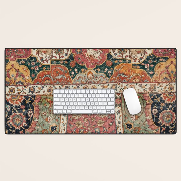 Persian Medallion Rug V // 16th Century Distressed Red Green Blue Flowery Colorful Ornate Pattern Desk Mat Gallery Image 1
