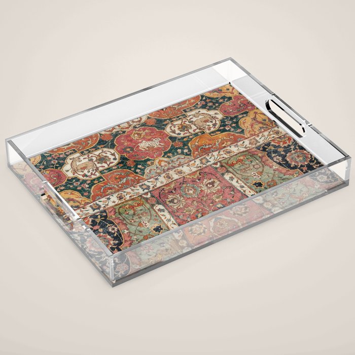 Persian Medallion Rug V // 16th Century Distressed Red Green Blue Flowery Colorful Ornate Pattern Acrylic Tray Gallery Image 1