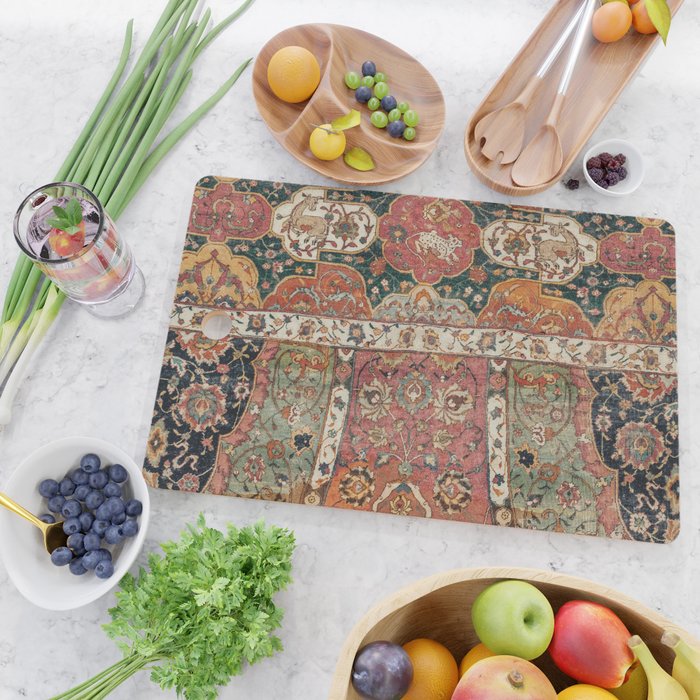 Persian Medallion Rug V // 16th Century Distressed Red Green Blue Flowery Colorful Ornate Pattern Cutting Board Gallery Image 2