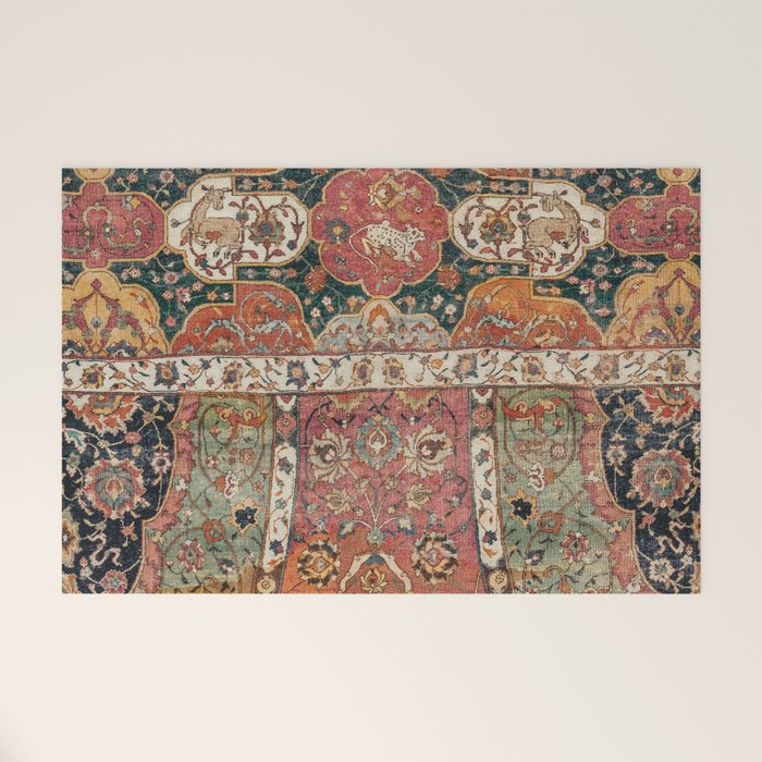 Persian Medallion Rug V // 16th Century Distressed Red Green Blue Flowery Colorful Ornate Pattern Welcome Mat Gallery Image 1