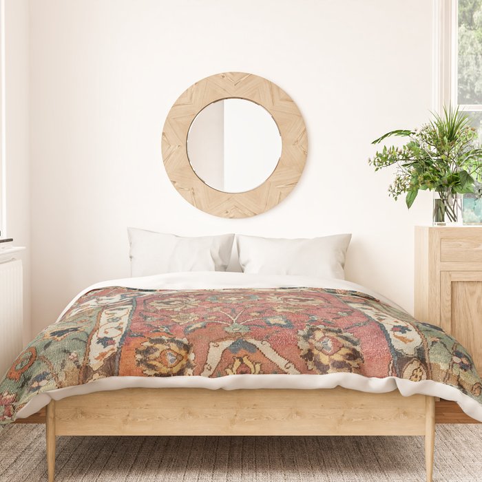 Persian Medallion Rug V // 16th Century Distressed Red Green Blue Flowery Colorful Ornate Pattern Duvet Cover Gallery Image 3