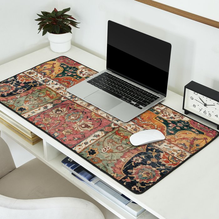 Persian Medallion Rug V // 16th Century Distressed Red Green Blue Flowery Colorful Ornate Pattern Desk Mat Gallery Image 2