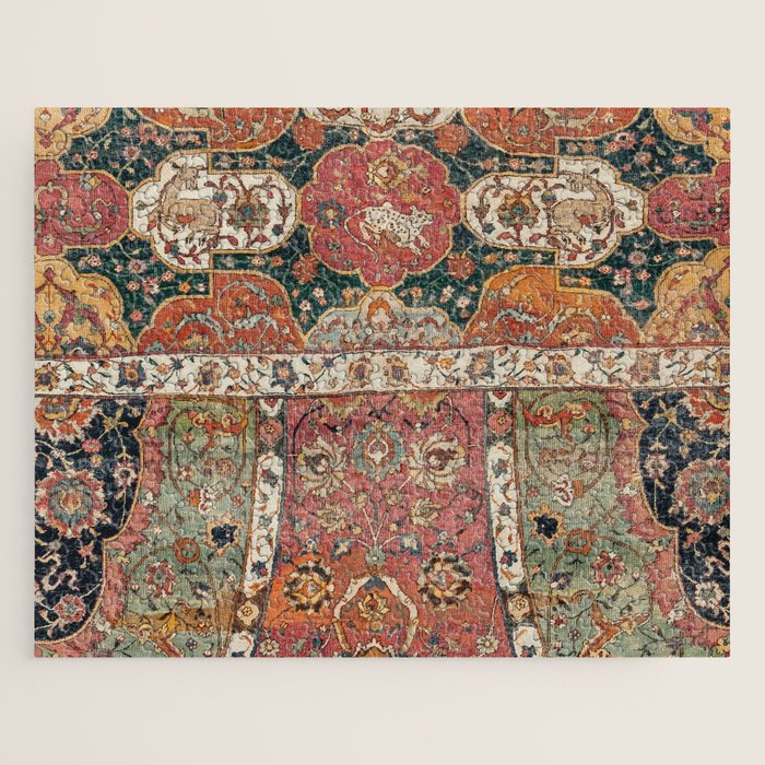 Persian Medallion Rug V // 16th Century Distressed Red Green Blue Flowery Colorful Ornate Pattern Jigsaw Puzzle Gallery Image 1