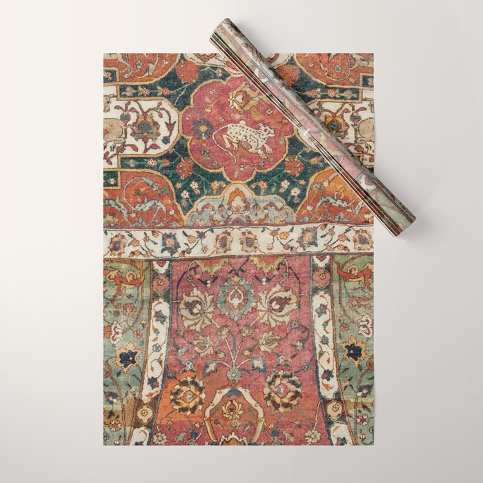Persian Medallion Rug V // 16th Century Distressed Red Green Blue Flowery Colorful Ornate Pattern Wrapping Paper Gallery Image 1