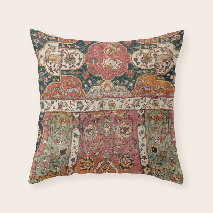 Persian Medallion Rug V // 16th Century Distressed Red Green Blue Flowery Colorful Ornate Pattern Throw Pillow Gallery Image 6