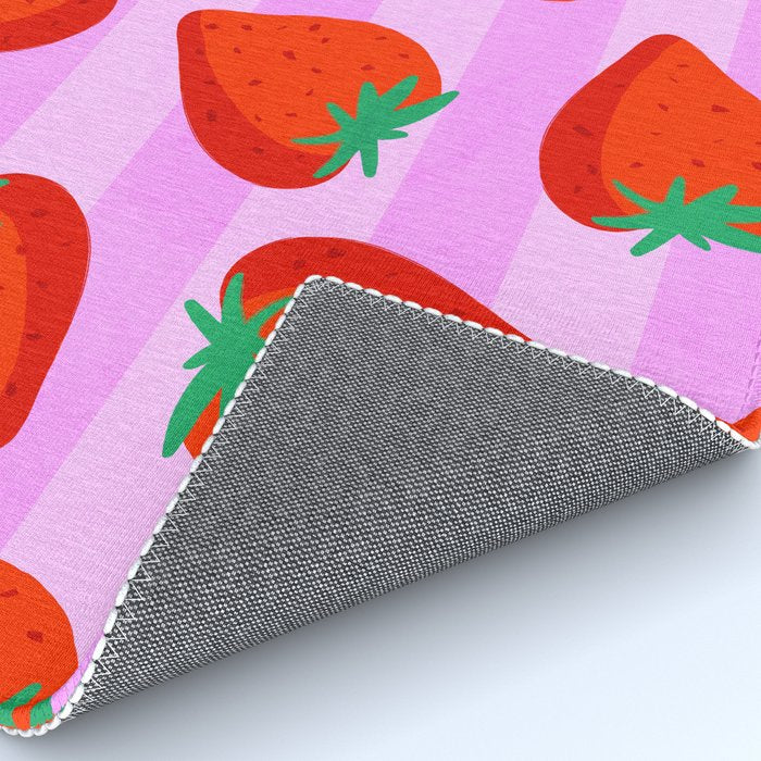 Les fraises - strawberry fruit market poster on pink stripes Rug Gallery Image 4