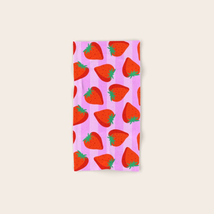 Les fraises - strawberry fruit market poster on pink stripes Bath Towel Gallery Image 1