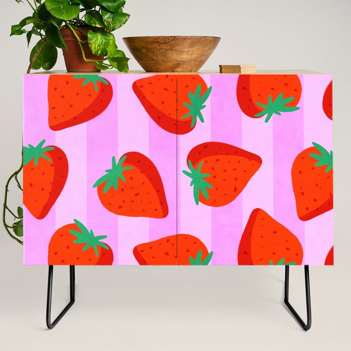 Les fraises - strawberry fruit market poster on pink stripes Credenza Gallery Image 2