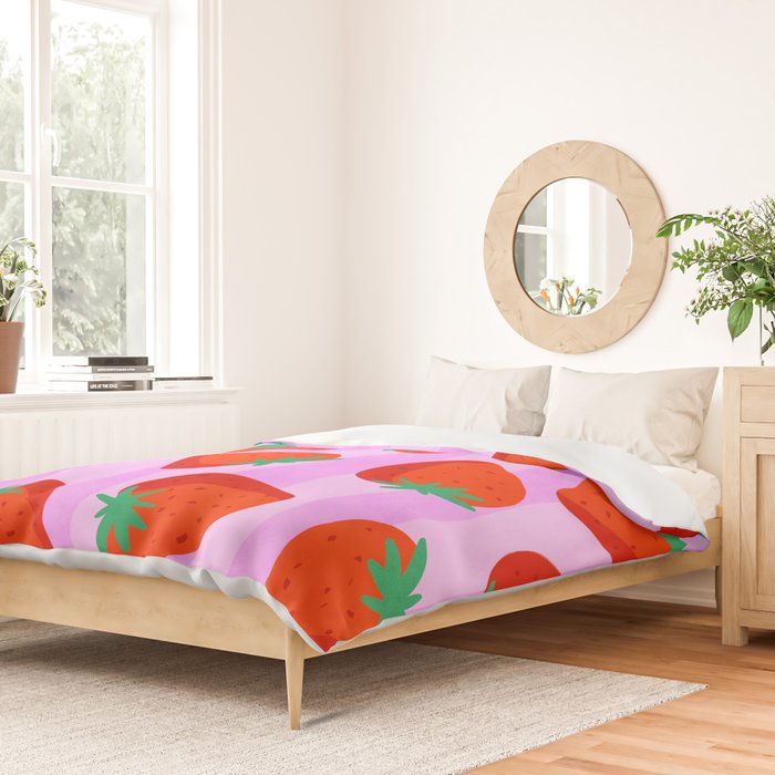 Les fraises - strawberry fruit market poster on pink stripes Duvet Cover Gallery Image 2