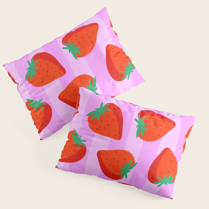 Les fraises - strawberry fruit market poster on pink stripes Pillow Sham Gallery Image 3