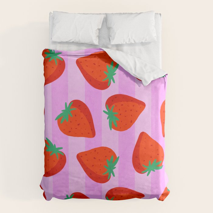 Les fraises - strawberry fruit market poster on pink stripes Duvet Cover Gallery Image 6