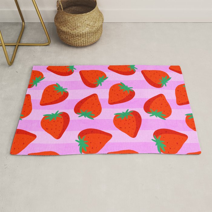 Les fraises - strawberry fruit market poster on pink stripes Rug Gallery Image 1
