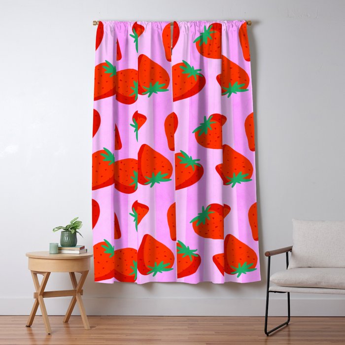 Les fraises - strawberry fruit market poster on pink stripes Window Curtain Gallery Image 1