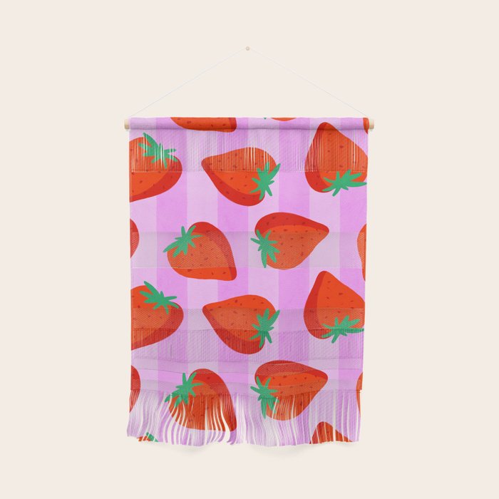 Les fraises - strawberry fruit market poster on pink stripes Wall Hanging Gallery Image 1