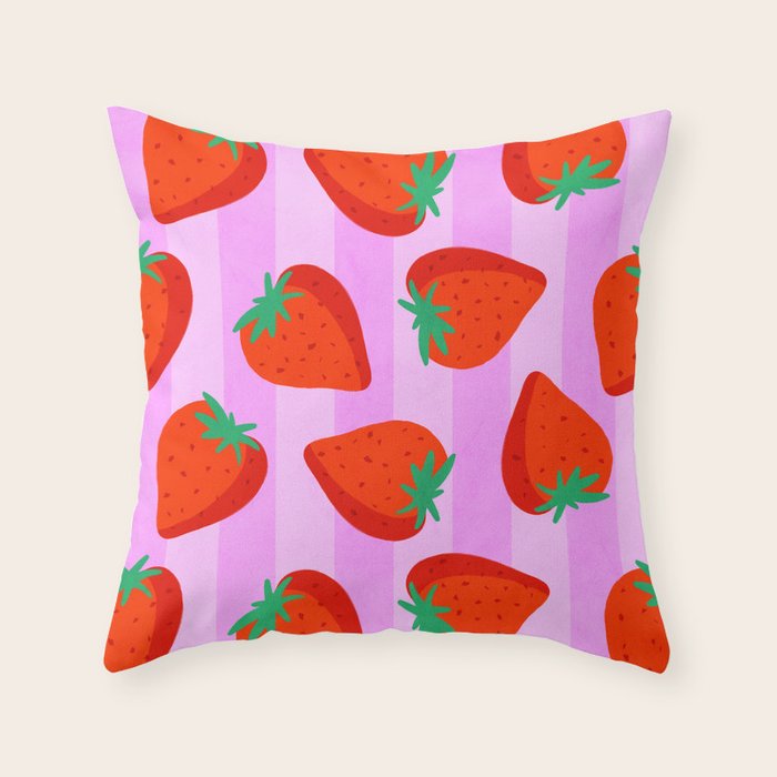 Les fraises - strawberry fruit market poster on pink stripes Throw Pillow Gallery Image 6