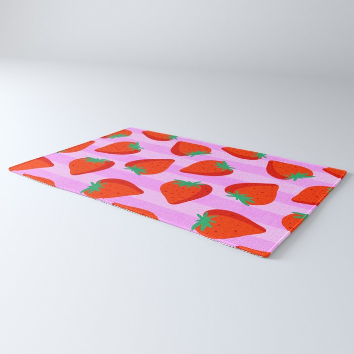 Les fraises - strawberry fruit market poster on pink stripes Rug Gallery Image 3