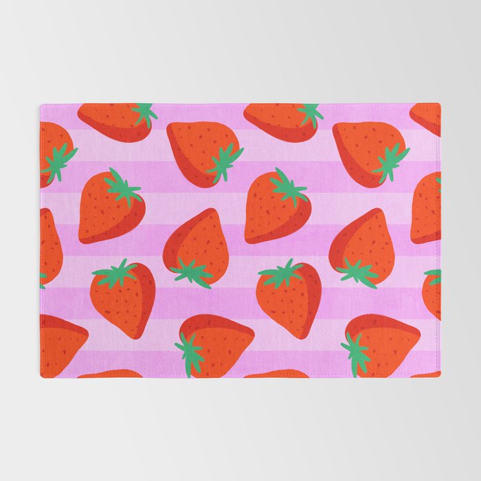 Les fraises - strawberry fruit market poster on pink stripes Rug Gallery Image 2