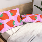 Les fraises - strawberry fruit market poster on pink stripes Pillow Sham Gallery Image 2