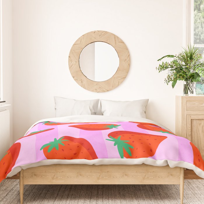 Les fraises - strawberry fruit market poster on pink stripes Duvet Cover Gallery Image 3