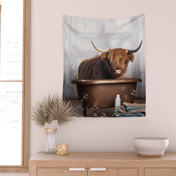 Highland Cow in the Tub Wall Tapestry Gallery Image 2
