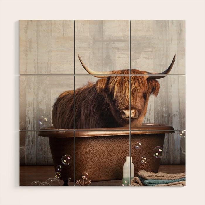 Highland Cow in the Tub Wood Wall Art Gallery Image 1