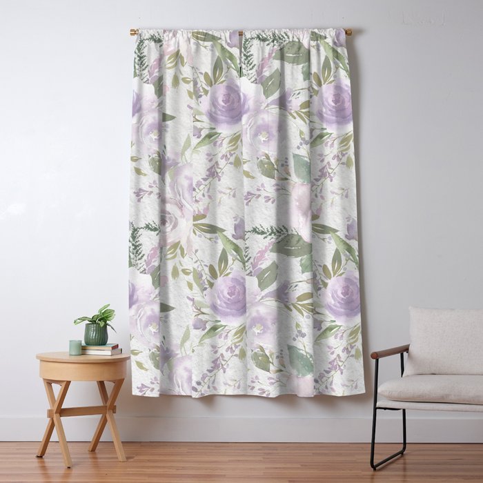 Lavender pastel green white watercolor floral pattern Window Curtain Gallery Image 5