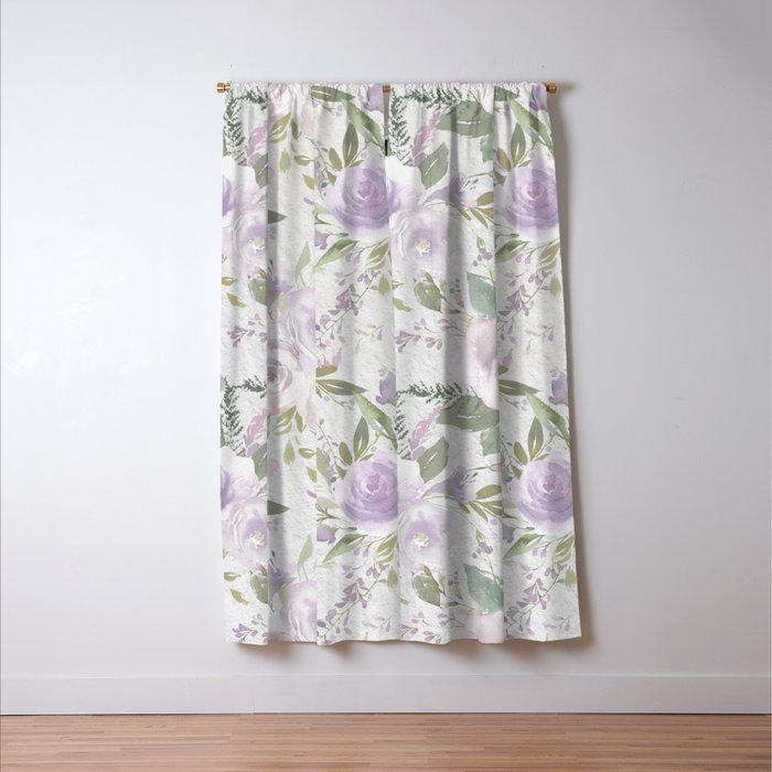 Lavender pastel green white watercolor floral pattern Window Curtain Gallery Image 3