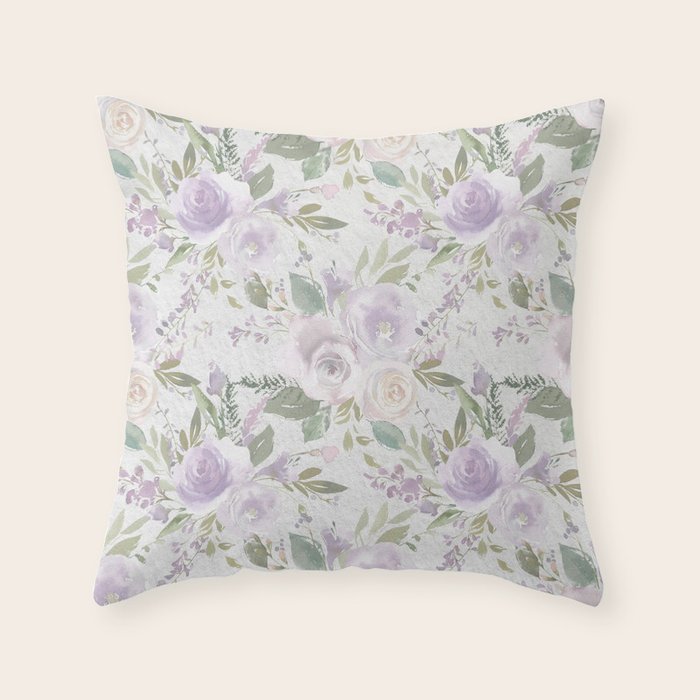 Lavender pastel green white watercolor floral pattern Throw Pillow Gallery Image 6