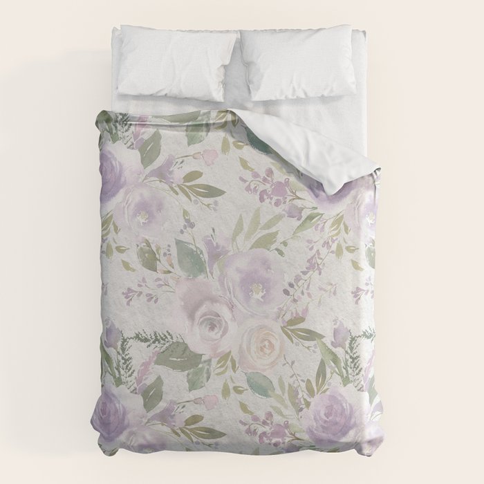 Lavender pastel green white watercolor floral pattern Duvet Cover Gallery Image 6