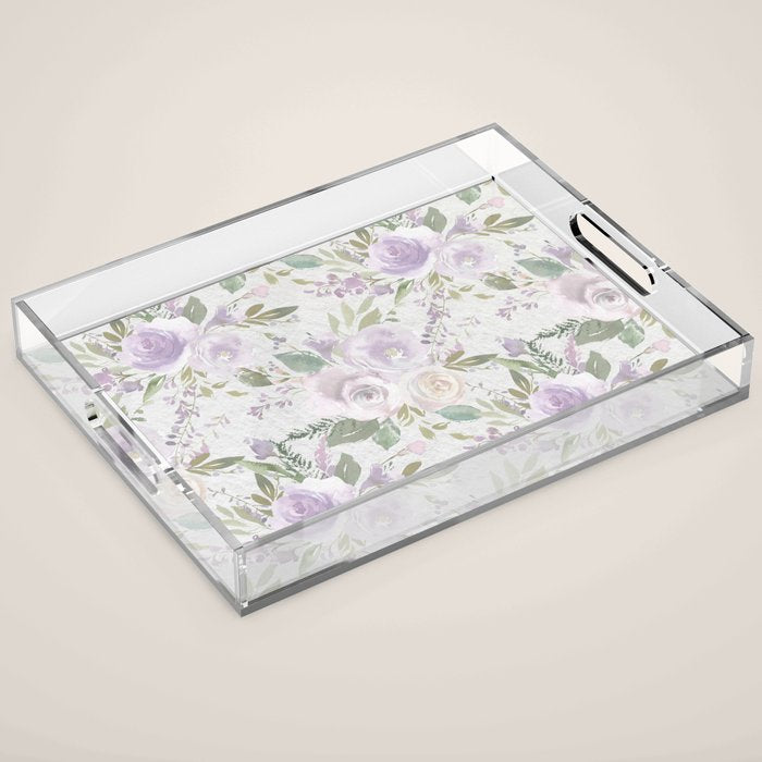 Lavender pastel green white watercolor floral pattern Acrylic Tray Gallery Image 1