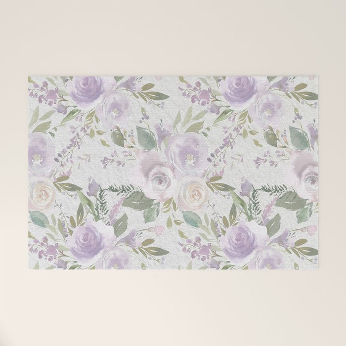 Lavender pastel green white watercolor floral pattern Welcome Mat Gallery Image 1
