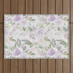 Lavender pastel green white watercolor floral pattern Outdoor Rug Gallery Image 1