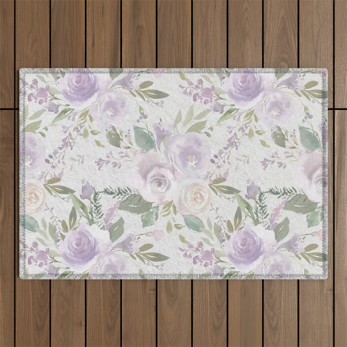 Lavender pastel green white watercolor floral pattern Outdoor Rug Gallery Image 1