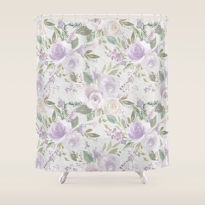 Lavender pastel green white watercolor floral pattern Shower Curtain Gallery Image 1