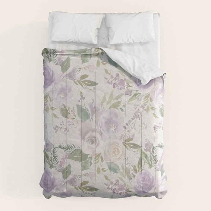 Lavender pastel green white watercolor floral pattern Comforter Gallery Image 1