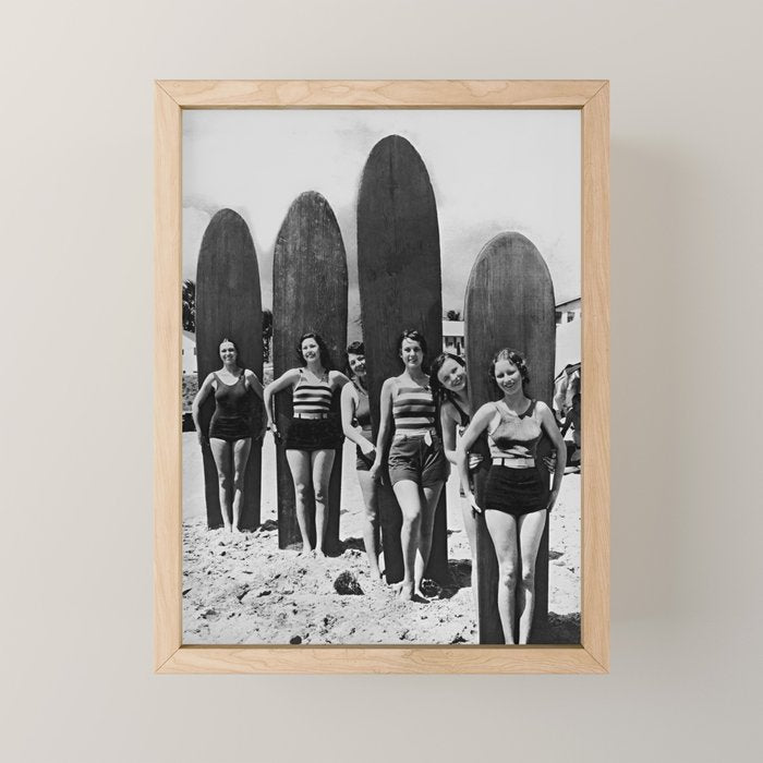 Woman Surfers, Black and White Vintage Beach Art Mini Art Print Gallery Image 1