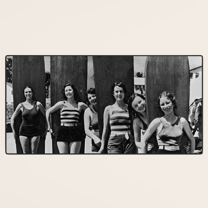 Woman Surfers, Black and White Vintage Beach Art Desk Mat Gallery Image 3
