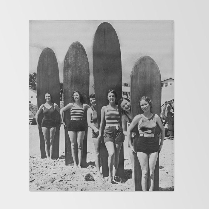 Woman Surfers, Black and White Vintage Beach Art Throw Blanket Gallery Image 2