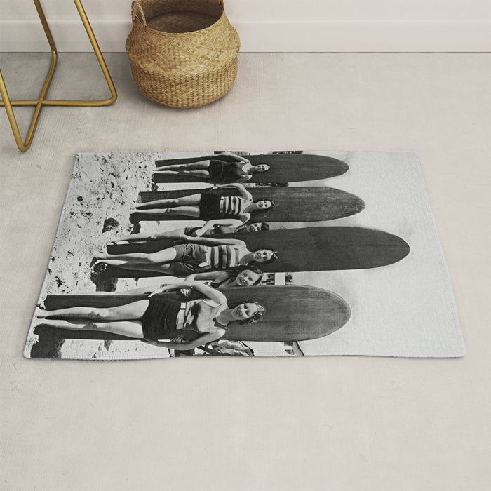 Woman Surfers, Black and White Vintage Beach Art Rug Gallery Image 1