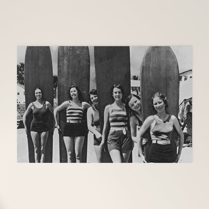 Woman Surfers, Black and White Vintage Beach Art Welcome Mat Gallery Image 1