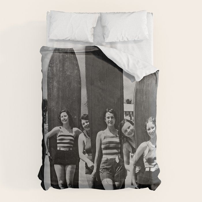 Woman Surfers, Black and White Vintage Beach Art Comforter Gallery Image 1
