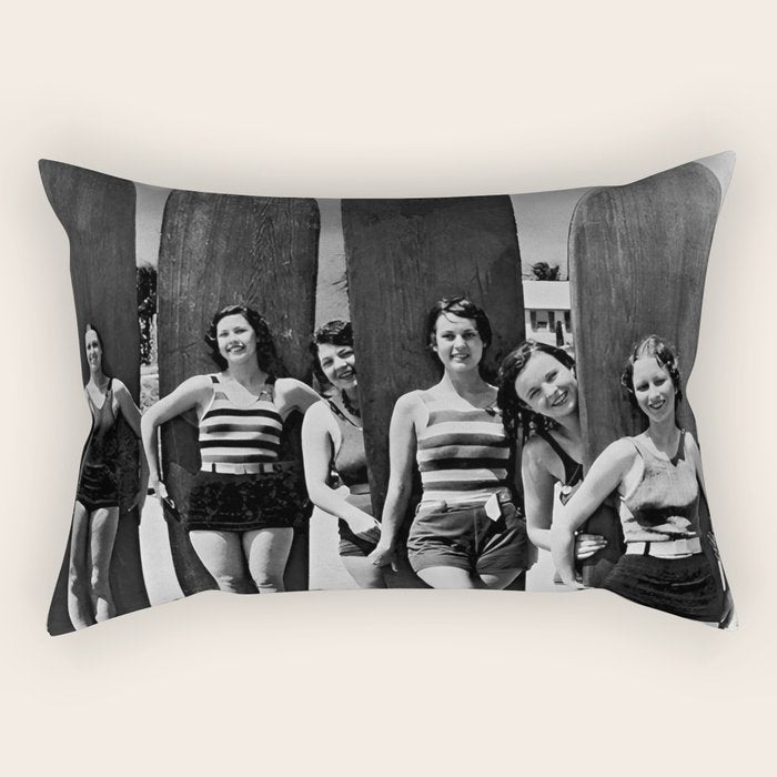 Woman Surfers, Black and White Vintage Beach Art Rectangular Pillow Gallery Image 2