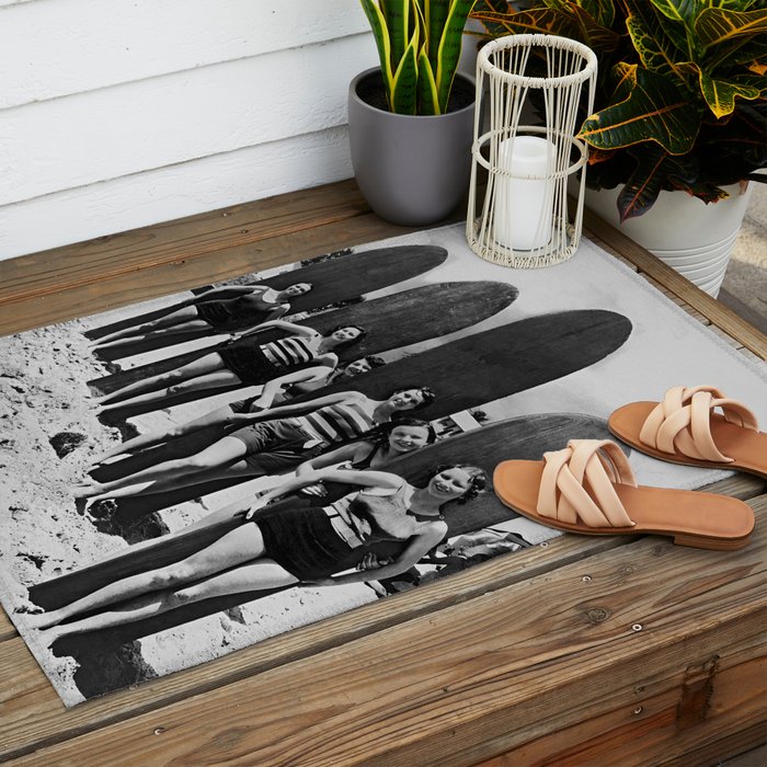 Woman Surfers, Black and White Vintage Beach Art Outdoor Rug Gallery Image 2