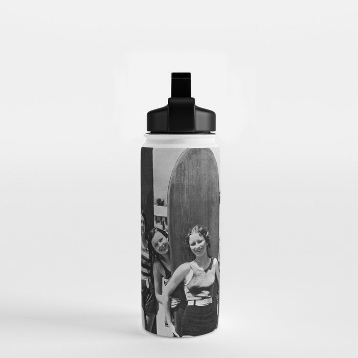 Woman Surfers, Black and White Vintage Beach Art Water Bottle Gallery Image 2