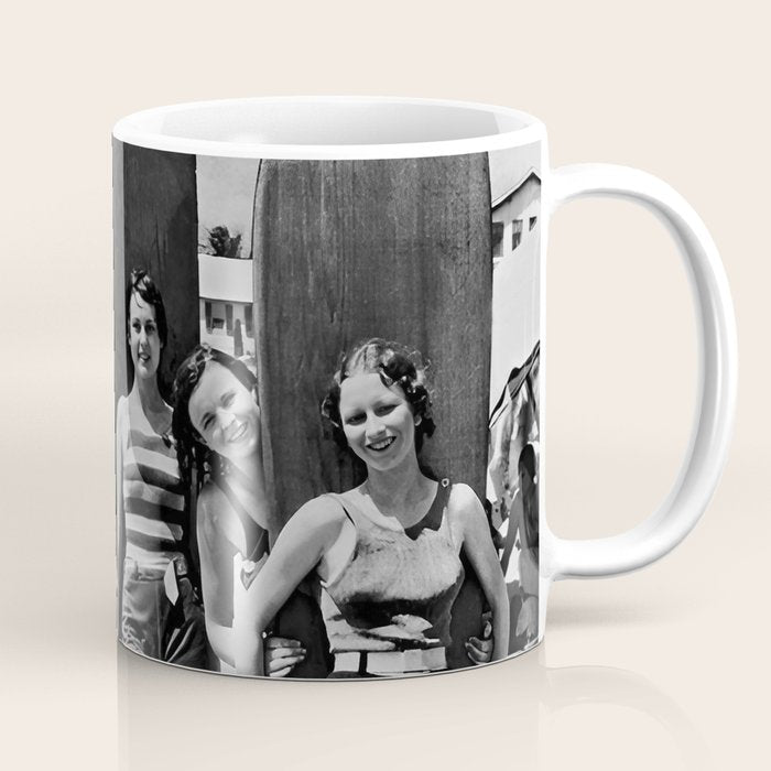 Woman Surfers, Black and White Vintage Beach Art Coffee Mug Gallery Image 1