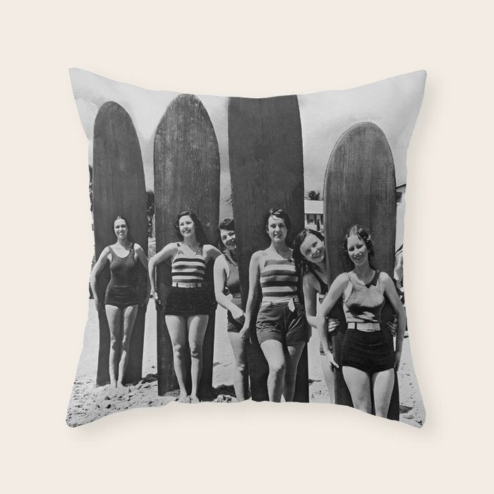 Woman Surfers, Black and White Vintage Beach Art Throw Pillow Gallery Image 6