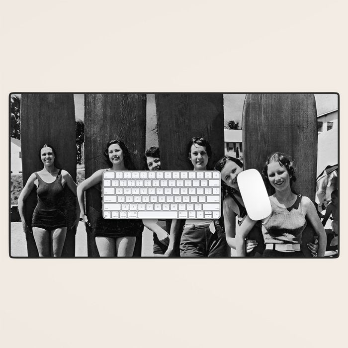 Woman Surfers, Black and White Vintage Beach Art Desk Mat Gallery Image 1