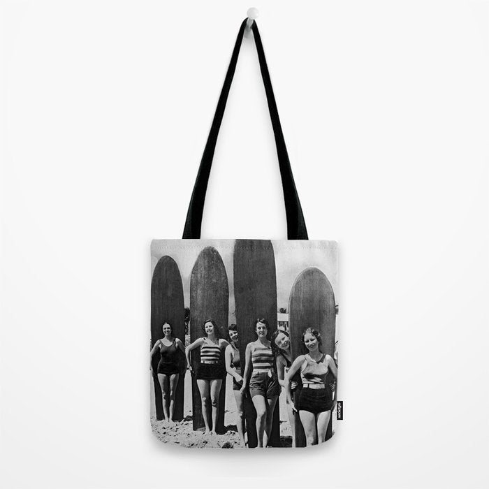 Woman Surfers, Black and White Vintage Beach Art Tote Bag Gallery Image 2